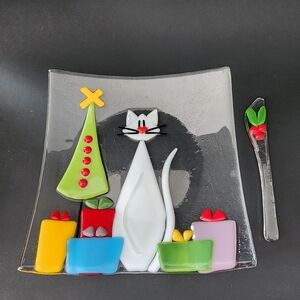 Fused Glass Christmas Cat Plate and Serving cheese knife